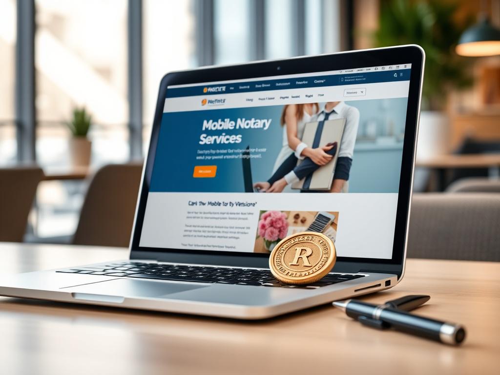 A close-up shot of a laptop displaying the new Mobile Notary Services webpage, with a notary seal and a pen on the side, set against a soft-focus background of a modern office.