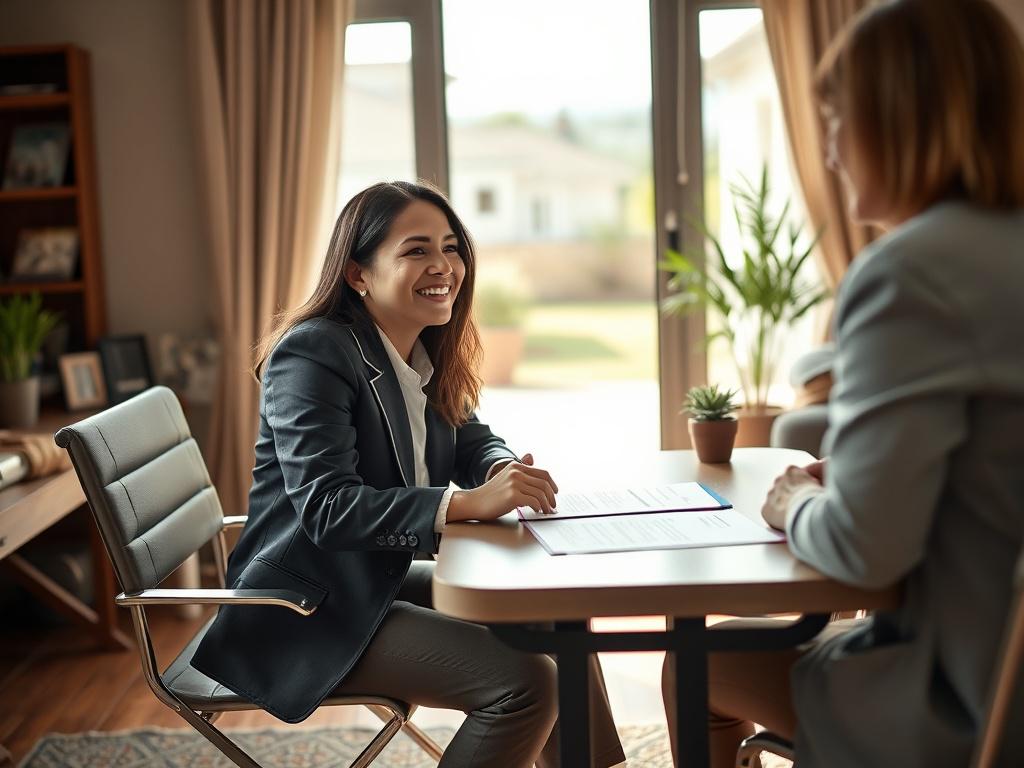 A dedicated mobile notary in a professional outfit, sitting at a sleek, portable table with documents spread out. The notary is engaged in conversation with a client, demonstrating a friendly demeanor. The background features a suburban home or office environment, subtly indicating the mobile aspect of the service. The lighting is natural, creating a welcoming atmosphere, with colors that resonate with an RGB value of (50, 170, 39).