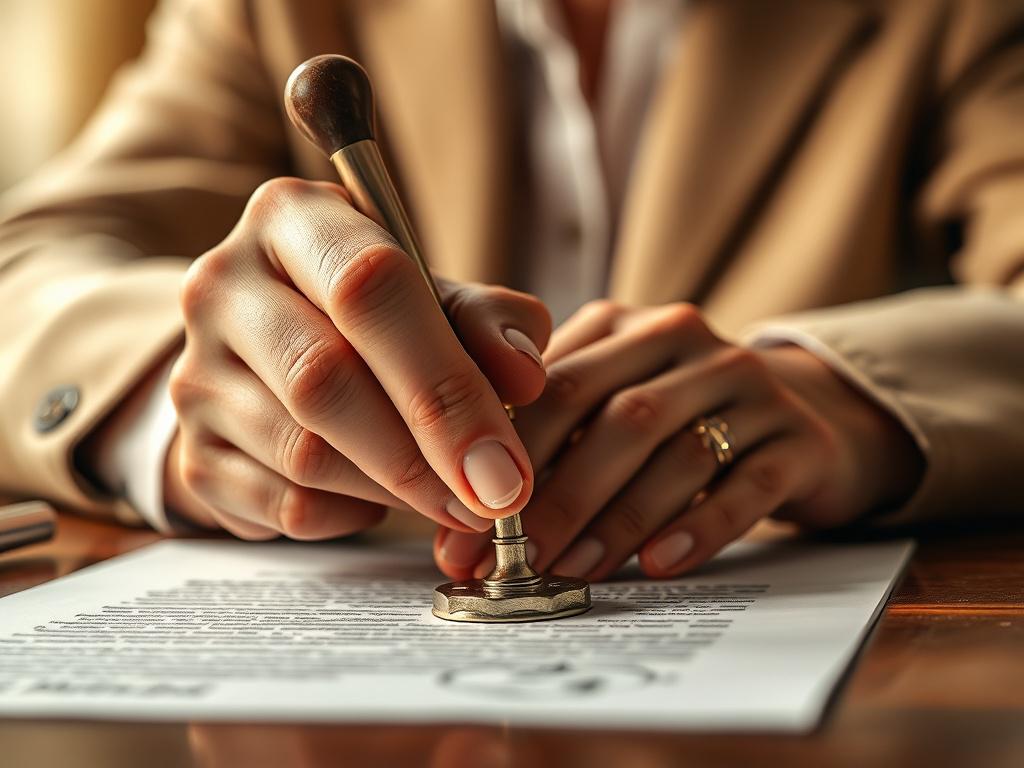 A close-up shot of a professional notary public sealing a document with a stamp, showcasing their focused expression. The background is softly blurred, highlighting the notary's hands and the document, which has a clear, official appearance. The lighting is warm and inviting, emphasizing the professionalism of the setting, and the color palette complements an RGB value of (50, 170, 39).