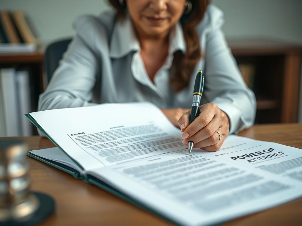 A close-up shot of a professional notary public, a middle-aged Hispanic woman, seated at a desk with an open folder containing estate planning documents like a will and power of attorney. She is in the process of signing a document with a fountain pen, showcasing a focused expression. The background is softly blurred to emphasize the notary and the documents. The color scheme incorporates shades of green compatible with rgb(50, 170, 39), creating a soothing and professional atmosphere.