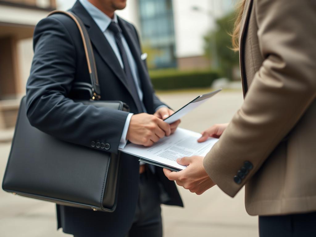 A mobile notary public assisting a client outdoors, with a professional briefcase and documents in hand, shot with a 45mm f/1.2 lens.