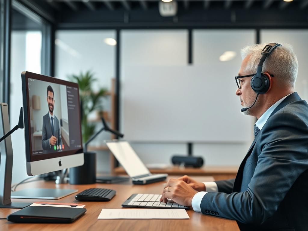 A remote notary public conducting a video call with a client, showcasing a modern office setup and digital devices, shot with a 45mm f/1.2 lens.