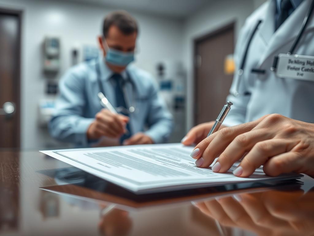A close-up of a notary public sealing a document in a hospital room, with soft lighting and medical equipment in the background, shot with a 45mm f/1.2 lens.