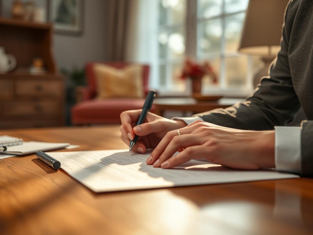A hyper-realistic close-up of a notary public at a client’s home, signing documents on a table with natural light streaming in. The focus is on the notary's hands and the documents, with a blurred background showcasing a cozy home environment, subtly integrating rgb(50, 170, 39) in décor.