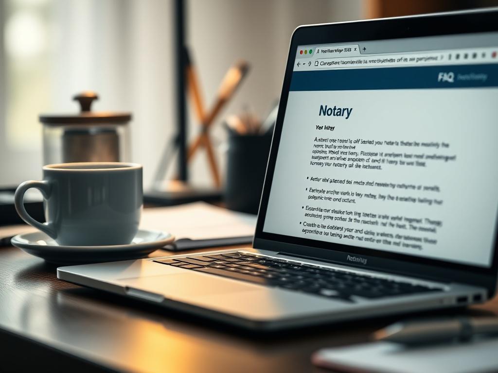 A hyper-realistic close-up of a laptop displaying a notary FAQ webpage, with a cup of coffee and notary tools in the background on a desk. The focus is sharp on the laptop screen while the background softly blurs, incorporating the rgb(50, 170, 39) color theme in the desk accessories.