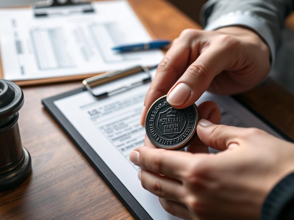 A hyper-realistic close-up shot of a notary public's hand holding a notary seal, with an exam paper and clipboard in the background, all set on a wooden desk. The lighting is soft, focusing on the details of the notary seal and exam paper. The color scheme incorporates the primary color rgb(50, 170, 39) subtly in the background.