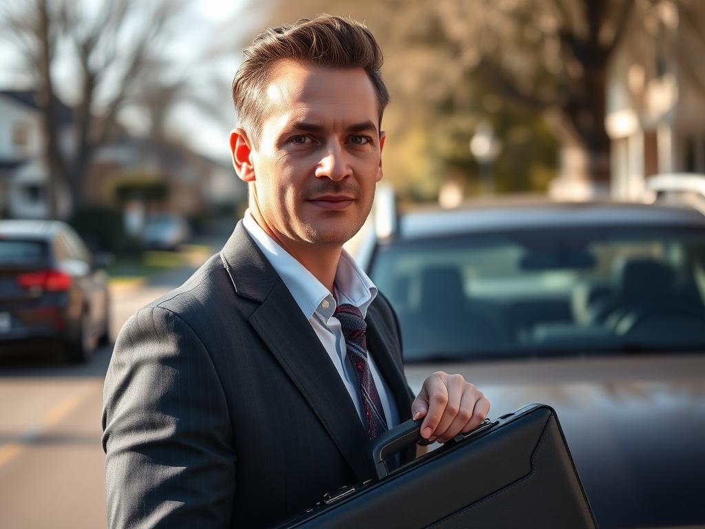 A realistic image of a mobile notary in action, standing in front of a car with a briefcase, preparing to meet a client. The background should depict a suburban street, showcasing the convenience of mobile services. Focus on the notary's expression, reflecting professionalism and readiness.