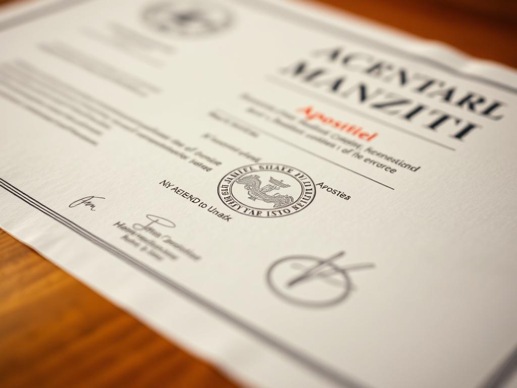 A detailed close-up of an apostilled document, showcasing the official seal and signature. The background should be softly blurred to emphasize the document's importance, with warm lighting that conveys a sense of professionalism and trust.