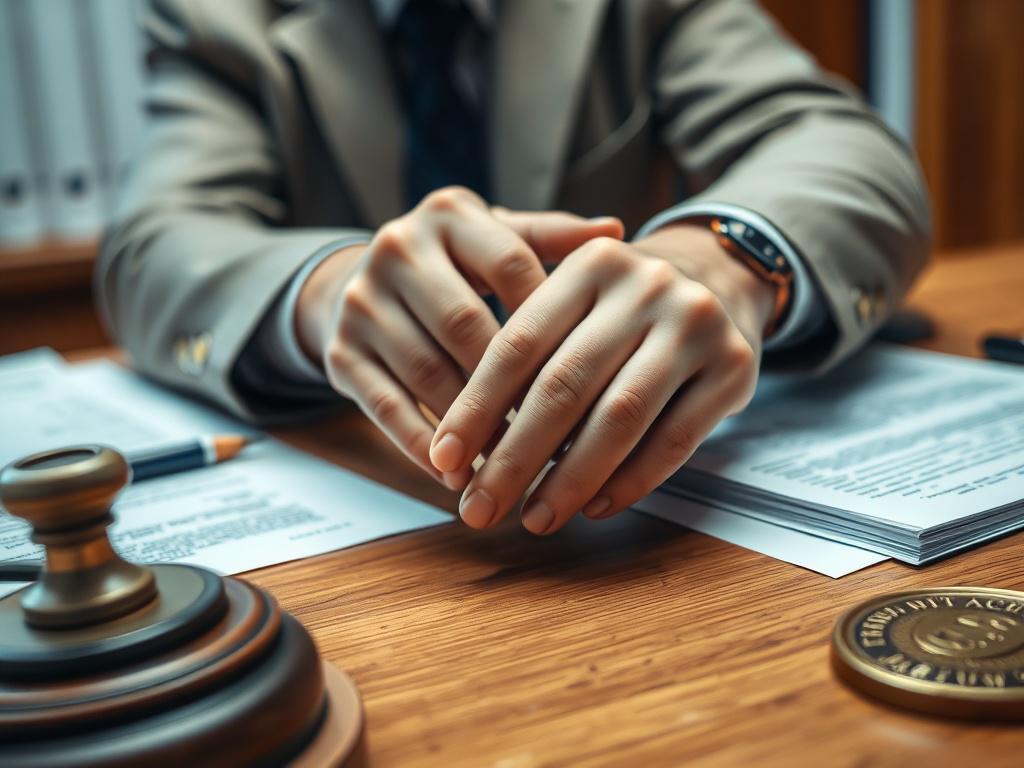 A close-up shot of a notary public at a desk, surrounded by legal documents and a seal, set in a simple office environment. The focus should be on the notary's hands as they stamp a document, with a blurred background that suggests a professional atmosphere. Use hyper-realistic details to emphasize the importance of the notary process.