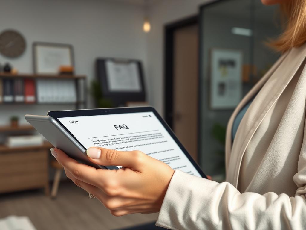A close-up shot of a notary professional reviewing the FAQ section on a tablet in a modern office. The background shows neatly organized notary supplies and a welcoming workspace. The image captures the essence of professionalism and accessibility.