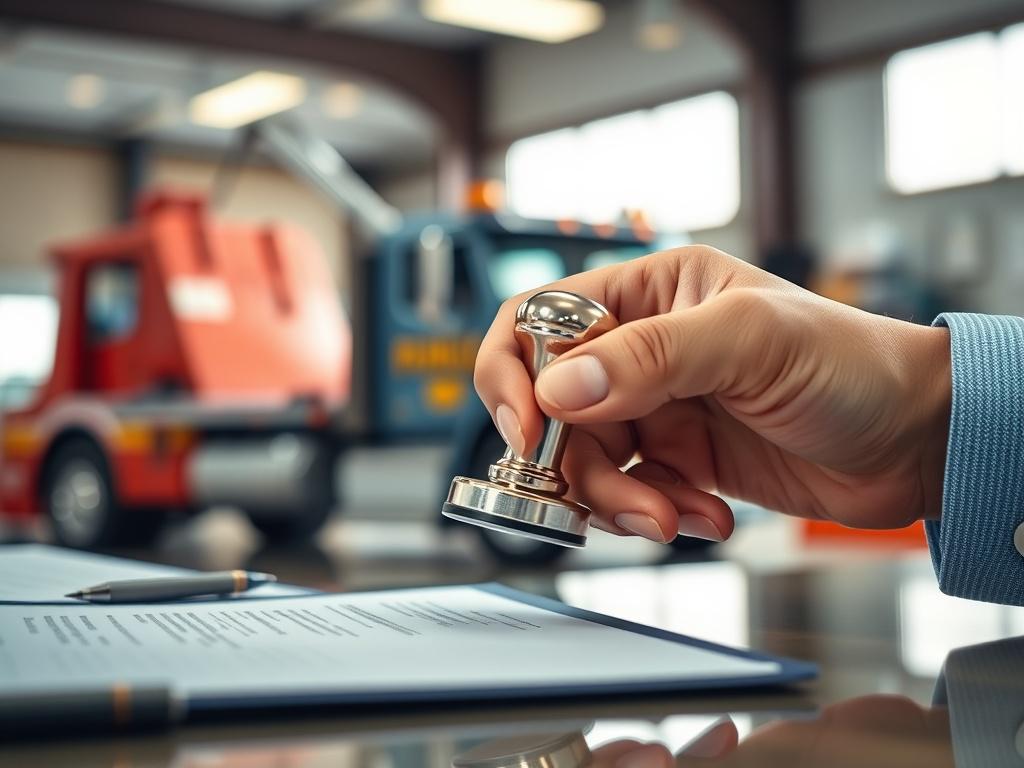 A close-up shot of a notary public stamping a document in a tow yard office. The focus is on the notary's hand holding the stamp, with a blurred background of a tow truck and documents. The lighting is bright, creating a professional atmosphere, and the scene conveys a sense of trust and efficiency.