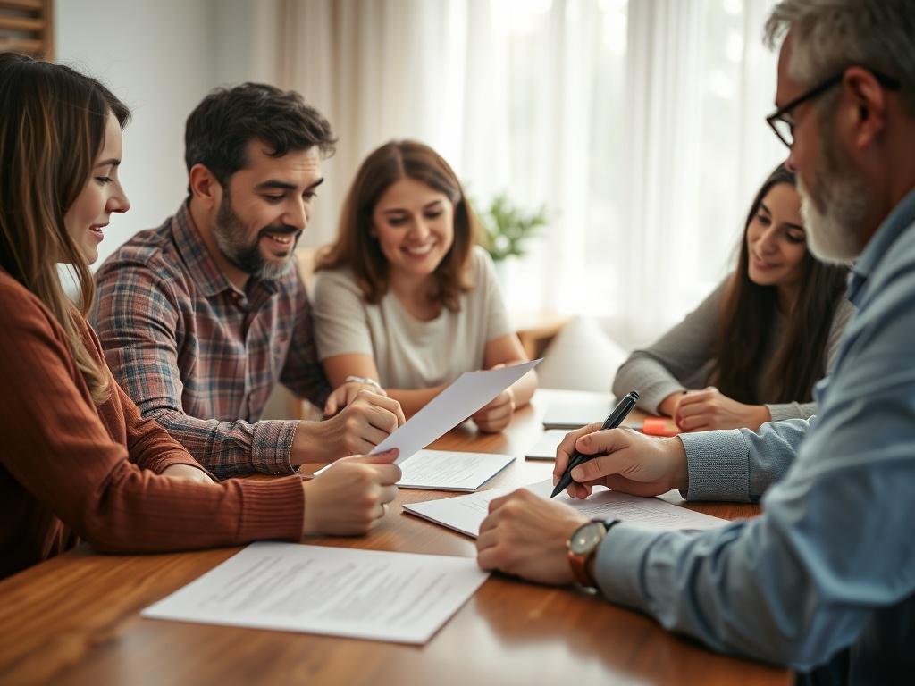 A close-up shot of a family gathered around a table, discussing important documents with a notary. The atmosphere should reflect trust and collaboration, with documents clearly visible but no personal information displayed.