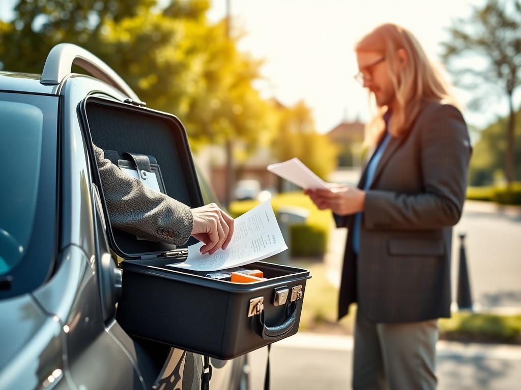 A high-resolution image capturing a mobile notary in action, standing beside a car with a briefcase open, containing notary supplies. The setting is outdoors, showcasing a sunny day, with the notary engaging with a client. The focus should be on the interaction, with a clear view of the documents being signed. The scene should exude professionalism and convenience, utilizing hyper-realistic detail. Ensure compatibility with rgb(50, 170, 39) in the overall color scheme.
