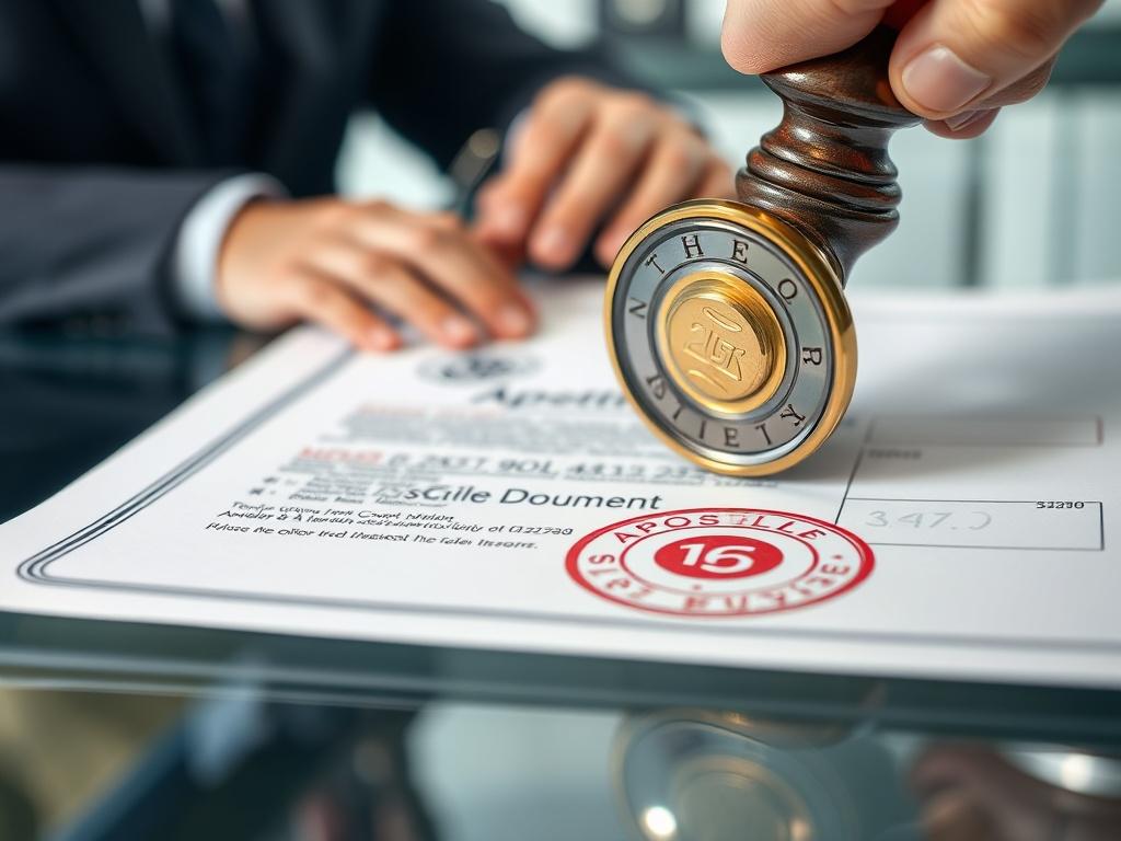A detailed shot of an apostille document being stamped, with a notary seal and signature visible. The background should be a clean office setting, emphasizing professionalism. The focus should be on the document and the stamping process, highlighting the importance of authenticity. Use hyper-realistic rendering to capture the fine details of the stamp and paper texture, ensuring compatibility with rgb(50, 170, 39) in the color scheme.