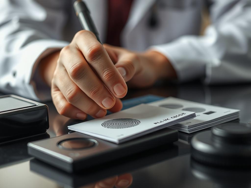 A close-up shot of a professional fingerprinting setup, featuring an ink pad, fingerprint cards, and a skilled technician carefully rolling a finger on the card. The background is softly blurred to emphasize the subject, with a focus on the detail of the fingerprinting process. The overall tone should convey professionalism and precision, using hyper-realistic rendering. Ensure the image has a color palette compatible with rgb(50, 170, 39).