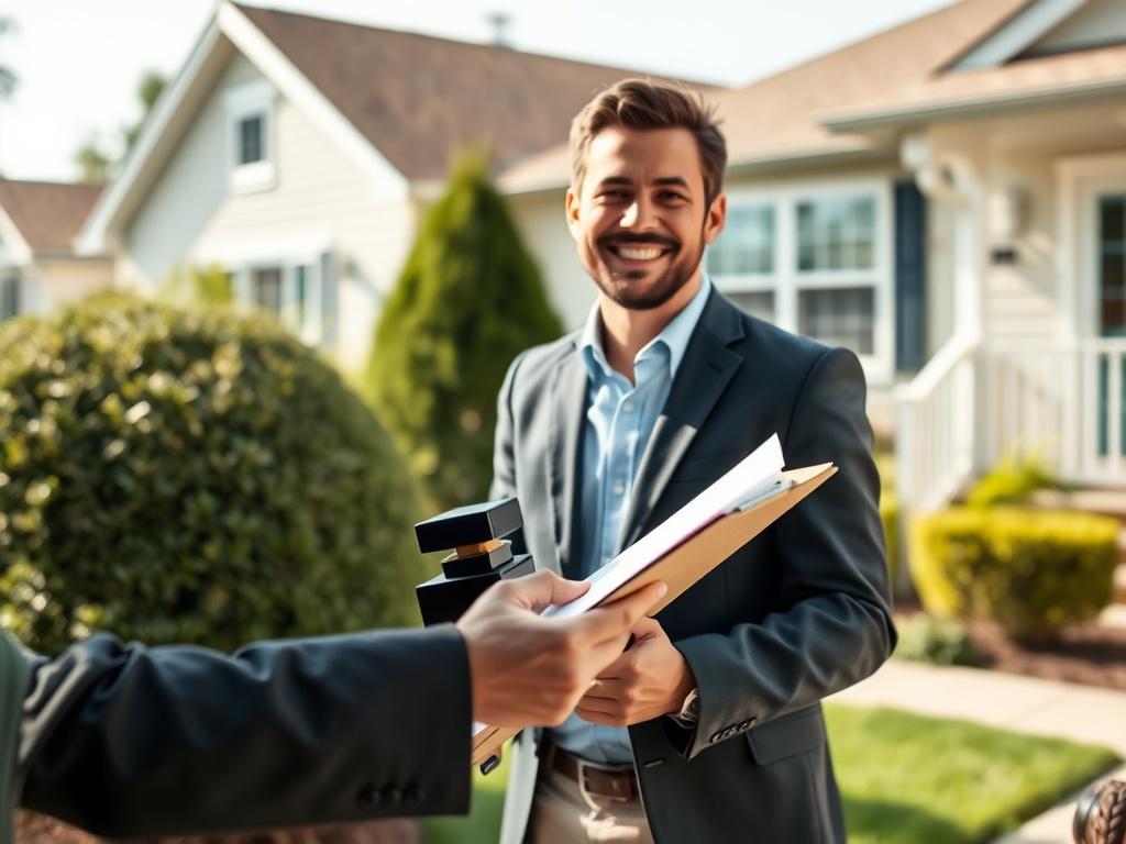 A mobile notary public standing outside a client's home, holding