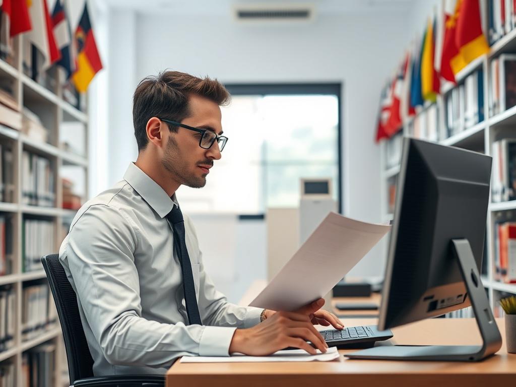 An agent processing documents for apostille in a bright, organized