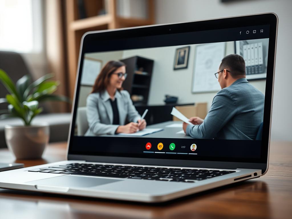 A close-up shot of a laptop displaying a video call with a remote notary session in progress, capturing a client and notary engaged in a professional interaction. The background should be softly blurred to keep the focus on the screen and the interaction, showcasing modern technology in use.