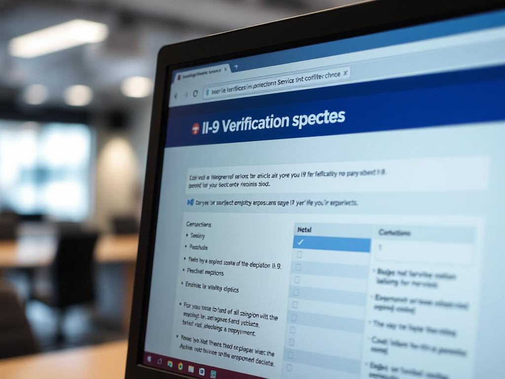 A close-up shot of a computer screen displaying the I-9 verification services page, with a professional setting in the background. The screen shows detailed instructions and a checklist for I-9 compliance. The focus is sharp on the screen, with soft bokeh in the background, emphasizing clarity and professionalism.