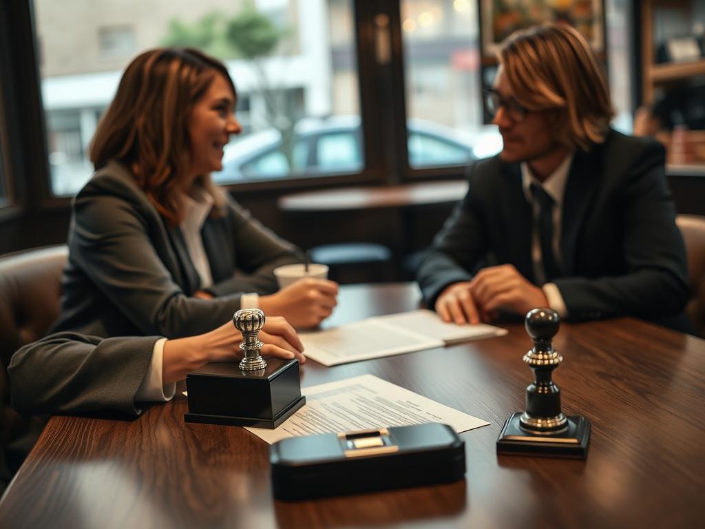 A hyper-realistic image of a mobile notary professional meeting a client at a coffee shop, with a notary stamp and documents on the table. The focus is on the interaction between the notary and client, capturing a friendly and professional atmosphere, with soft lighting enhancing the scene.