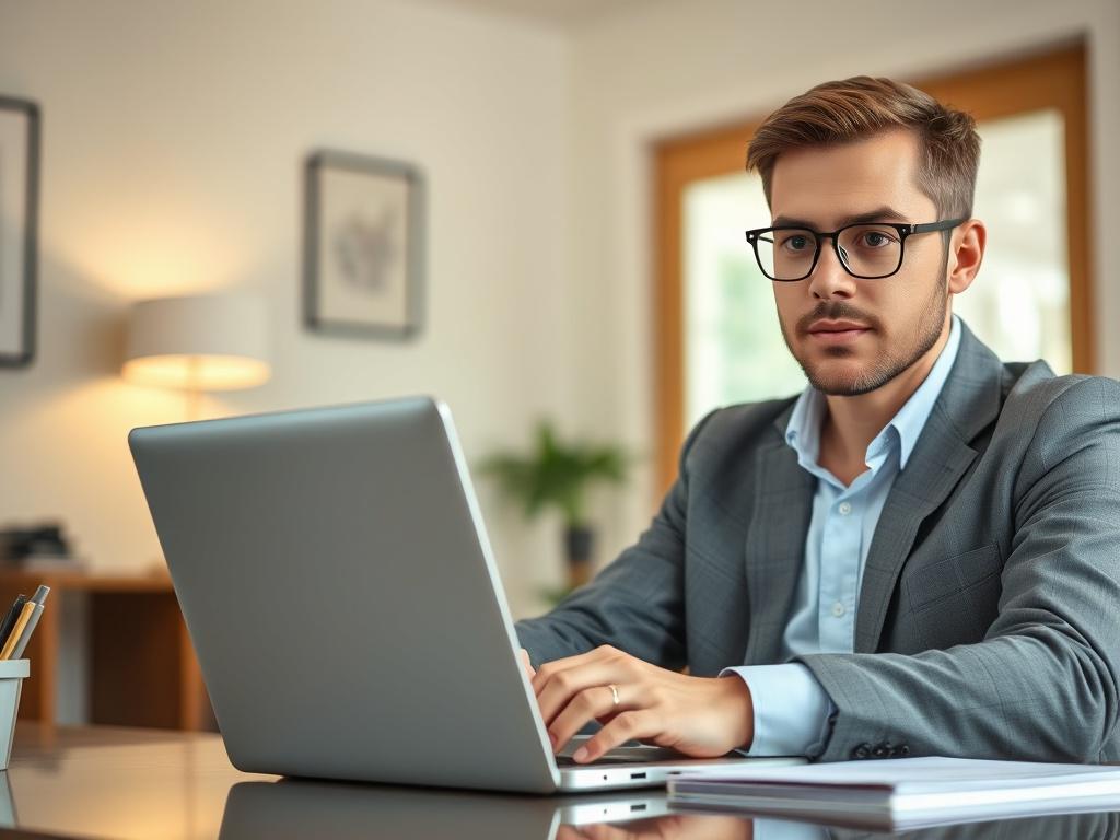 A close-up shot of a confident notary public conducting a remote online notarization session with a laptop, showcasing a focused expression. The background should be a simple, modern home office setting that emphasizes a professional atmosphere. The lighting is bright and inviting, highlighting the clarity of the laptop screen and the notary's attentive demeanor. The image should evoke feelings of trust and professionalism, capturing the essence of digital notarization services.
