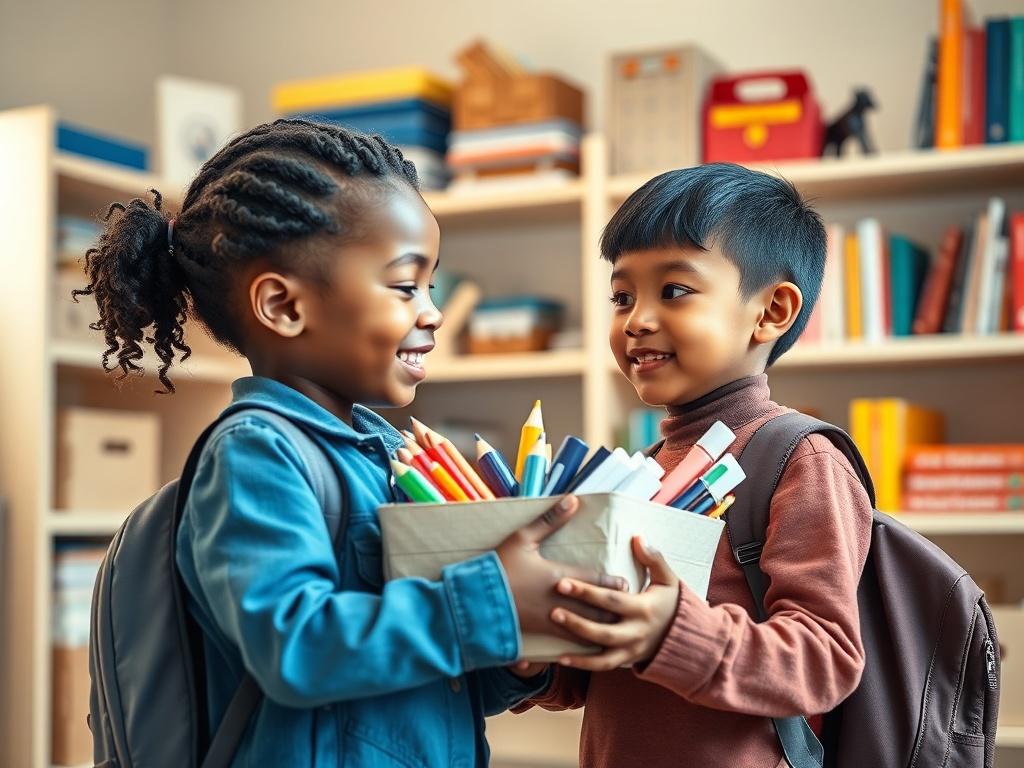 A high resolution depicting a child receiving a school supply