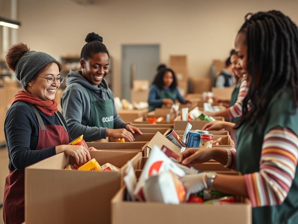 A heartwarming image of volunteers sorting food donations at a