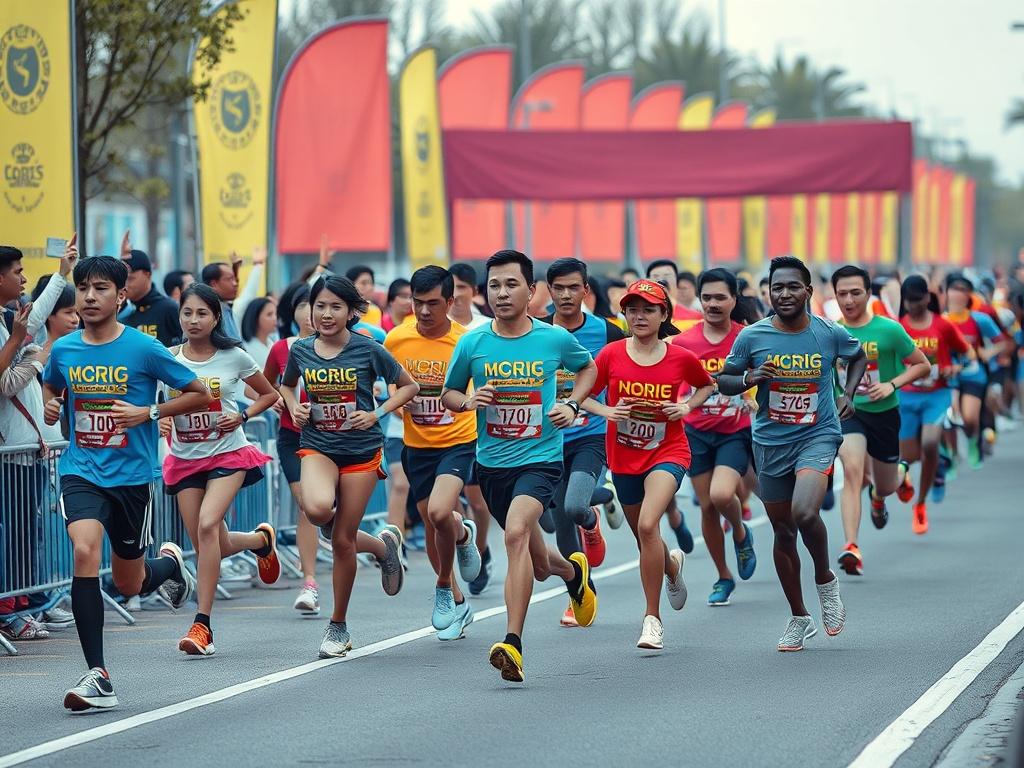A vibrant scene of runners participating in a charity marathon,
