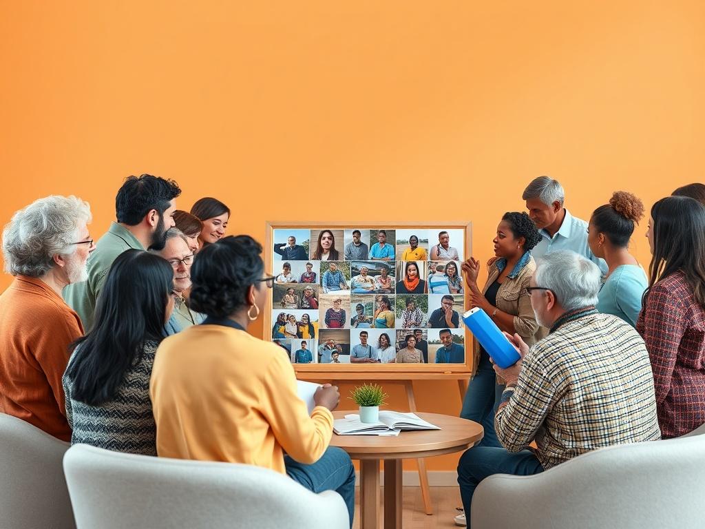 A vibrant community gathering where diverse individuals are sharing stories