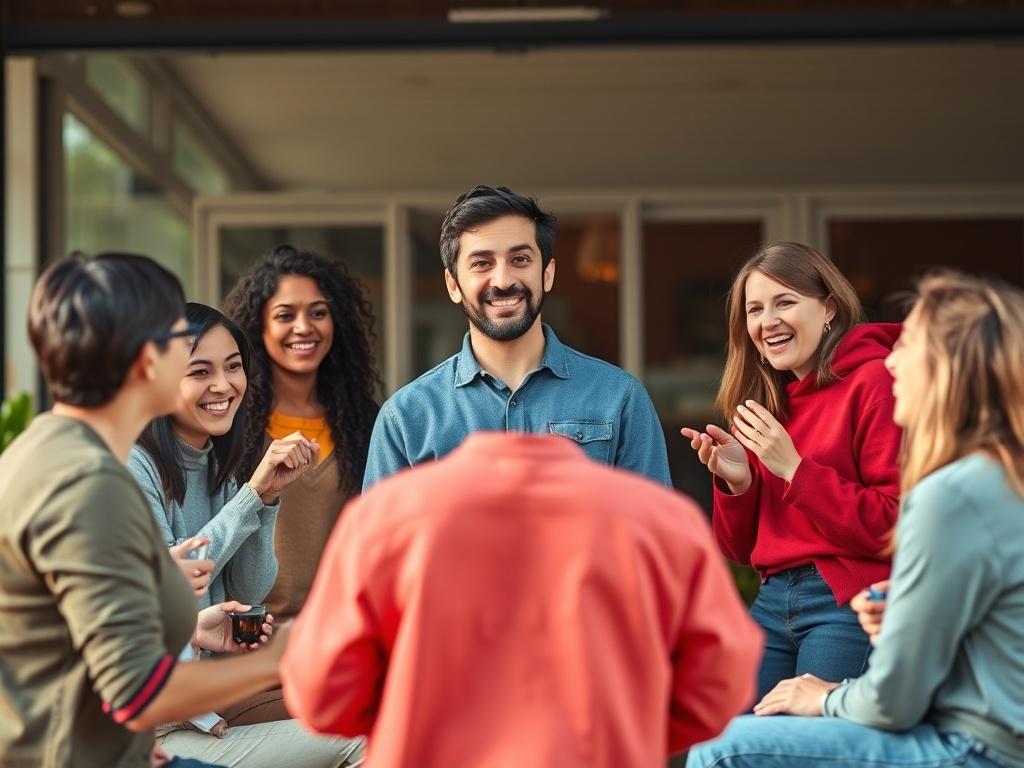 An individual standing in front of a group of friends,