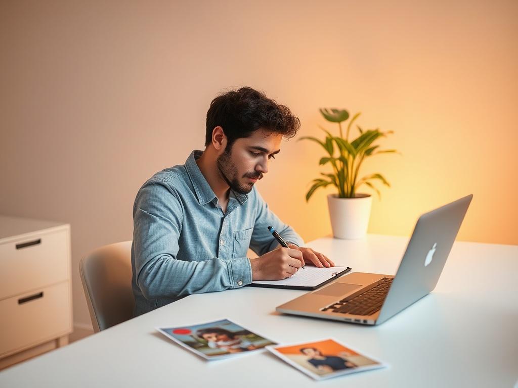 A person sitting at a desk, thoughtfully writing on a