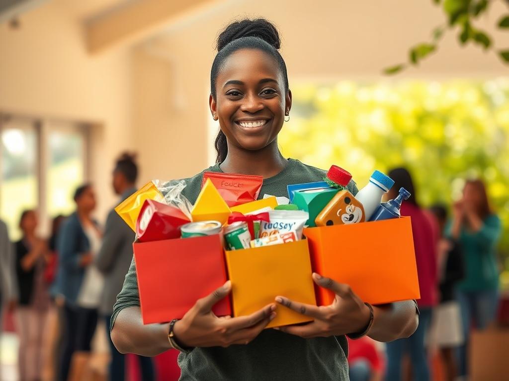 **AI Image Generation Prompt:**

Create a realistic high-resolution photo that captures the essence of community-driven charity work. The image should focus on a single subject: a smiling volunteer holding a collection of colorful donation boxes filled with various items—food, clothing, and toys—all intended for charitable causes. The volunteer, a mid-30s person of diverse ethnicity, should be depicted in a natural, candid moment as they prepare to distribute the donations. 

In the background, feature a wa