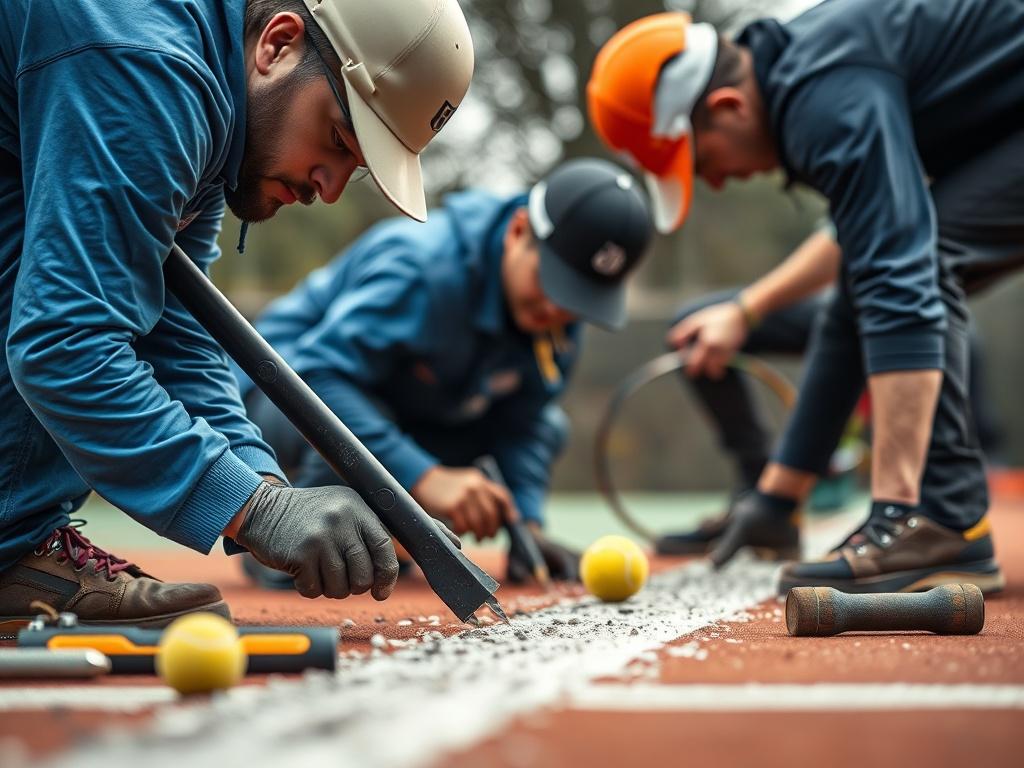 A high-resolution close-up shot of SPC OP, LLC’s expert team working on the installation of a tennis court. The image should capture the focus and precision of the team, showcasing tools and materials used in the process. The background should be slightly blurred, emphasizing the teamwork and professionalism involved.