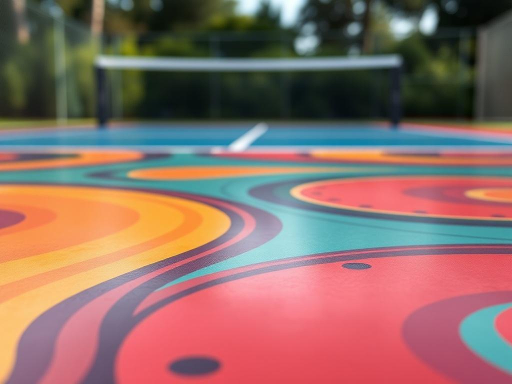 A high-resolution close-up shot of a custom-designed pickleball court, highlighting unique colors and patterns. The image should focus on the court surface, showcasing its vibrant design details. The background should be blurred to keep attention on the court, with elements of nature subtly visible in the distance.