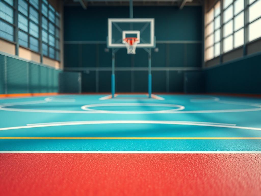 A high-resolution close-up shot of a newly constructed basketball court, showcasing the vibrant surface, crisp lines, and a hoop. The court should be empty to emphasize the quality of the surface. The background should be blurred, focusing on the court texture and details, with the color rgb(3, 125, 201) subtly incorporated in the court design.