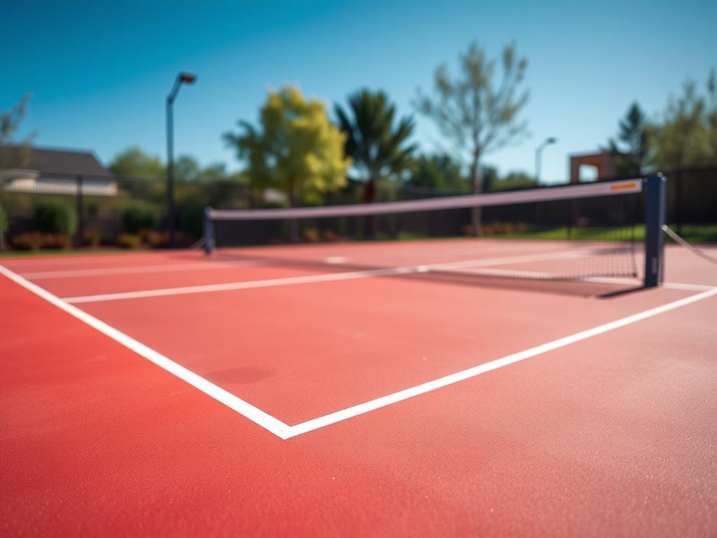 A hyper-realistic close-up image of a newly constructed pickleball court, showcasing the vibrant colors of the court surface. The photo captures the fine details of the net, court markings, and surrounding landscaping, set against a bright blue sky. The image should have a soft focus background to emphasize the court and should be shot with a 45mm f/1.2 lens style.