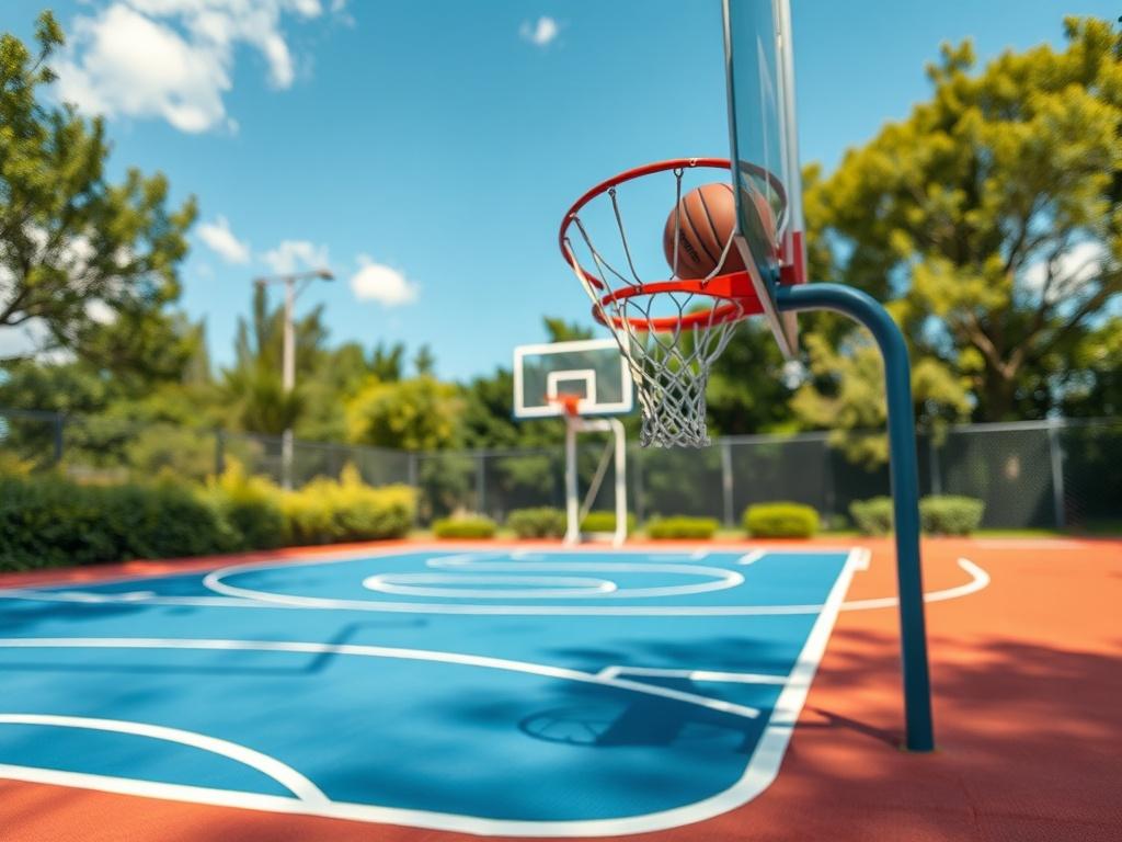 A detailed hyper-realistic close-up image of a newly installed basketball court, showcasing the court's vibrant colors and markings. The photo emphasizes the basketball hoop and ball, with a clear blue sky above and lush greenery surrounding the court. The focus should be sharp on the court details, captured with a 45mm f/1.2 lens style.