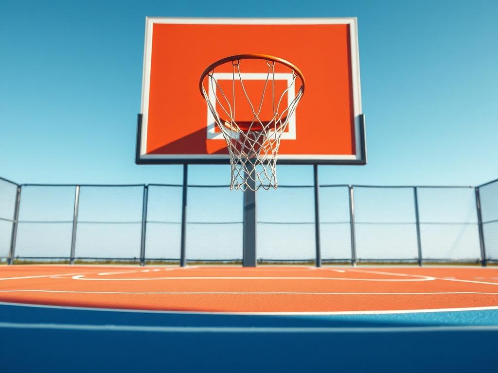 A hyper-realistic close-up of a newly installed basketball court, showcasing the smooth surface and clear court markings. The image should capture the basketball hoop and backboard, with a vibrant blue sky in the background. Focus on the details of the court to convey a sense of energy and excitement.