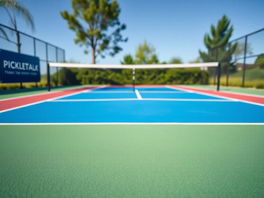 A hyper-realistic close-up shot of a newly constructed pickleball court, showcasing the vibrant colors and texture of the surface. The court is surrounded by greenery, with a clear blue sky in the background. The image should capture the fine details of the court's markings and net, creating an inviting and energetic atmosphere.