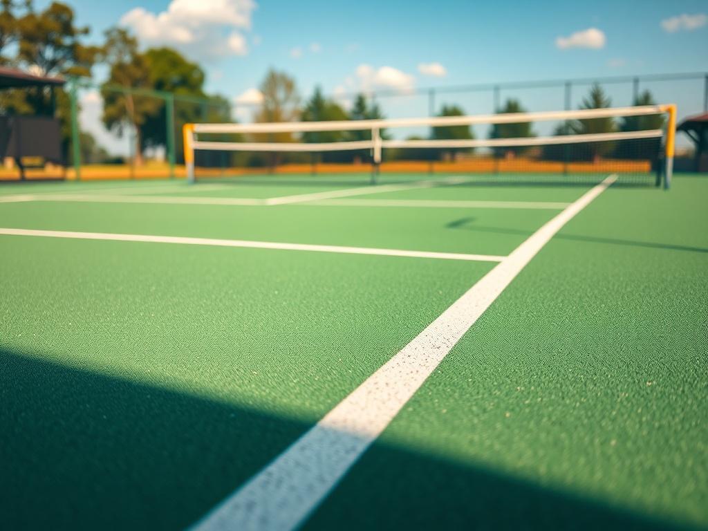 A stunning close-up of a newly built tennis court, highlighting the vibrant green surface and white lines. The image should emphasize the net and the surrounding fence, with a clear sunny sky in the background. Focus on the court's details to create an atmosphere of excitement and competitiveness.