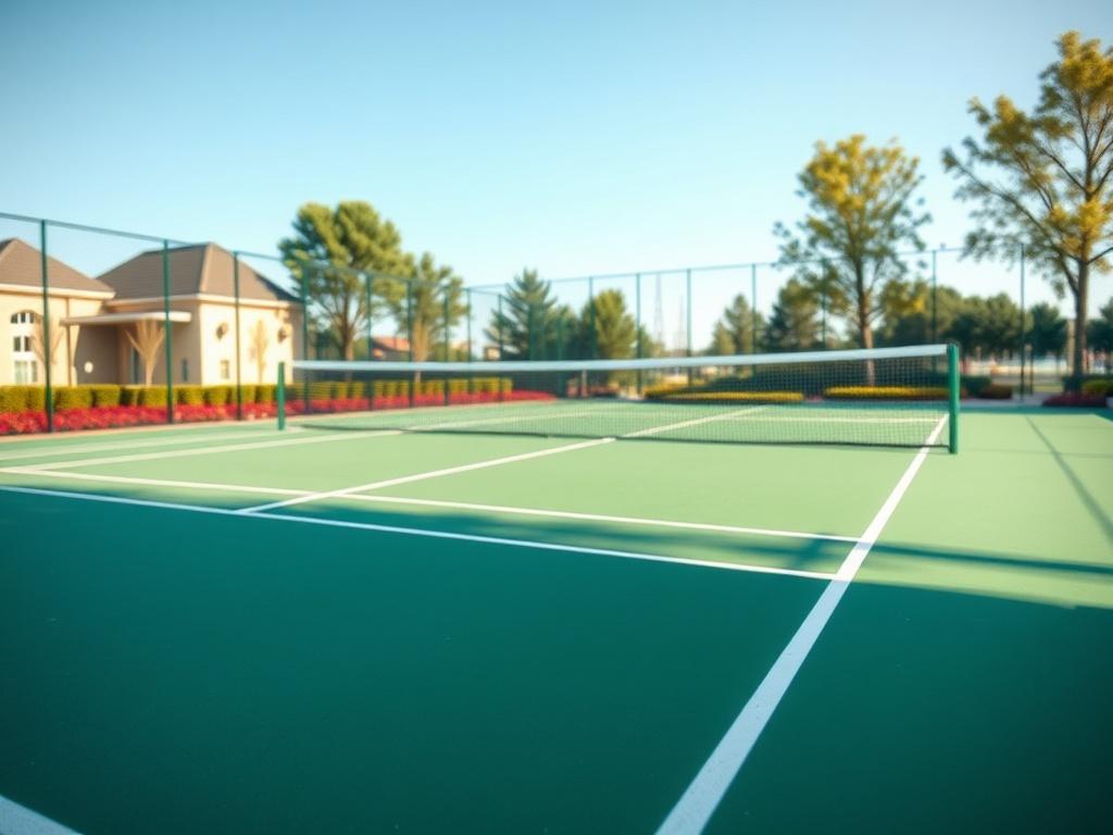 A new, high-quality tennis court in a community sports complex, featuring a classic green surface and white court lines. The scene should capture the court in a hyper-realistic close-up, showcasing the net, surrounding fencing, and vibrant landscaping. The sun should be shining, adding a dynamic feel to the image, highlighting the craftsmanship and inviting atmosphere.