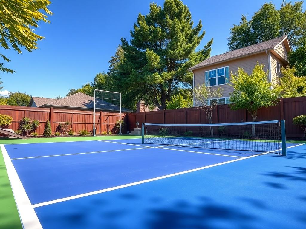 A beautifully designed custom pickleball court in a residential backyard, featuring vibrant colors and high-quality surface materials. The court should be surrounded by lush greenery and a clear blue sky, showcasing the court's lines and net. The focus should be on the court itself, captured in a hyper-realistic close-up style that highlights the craftsmanship and attention to detail.