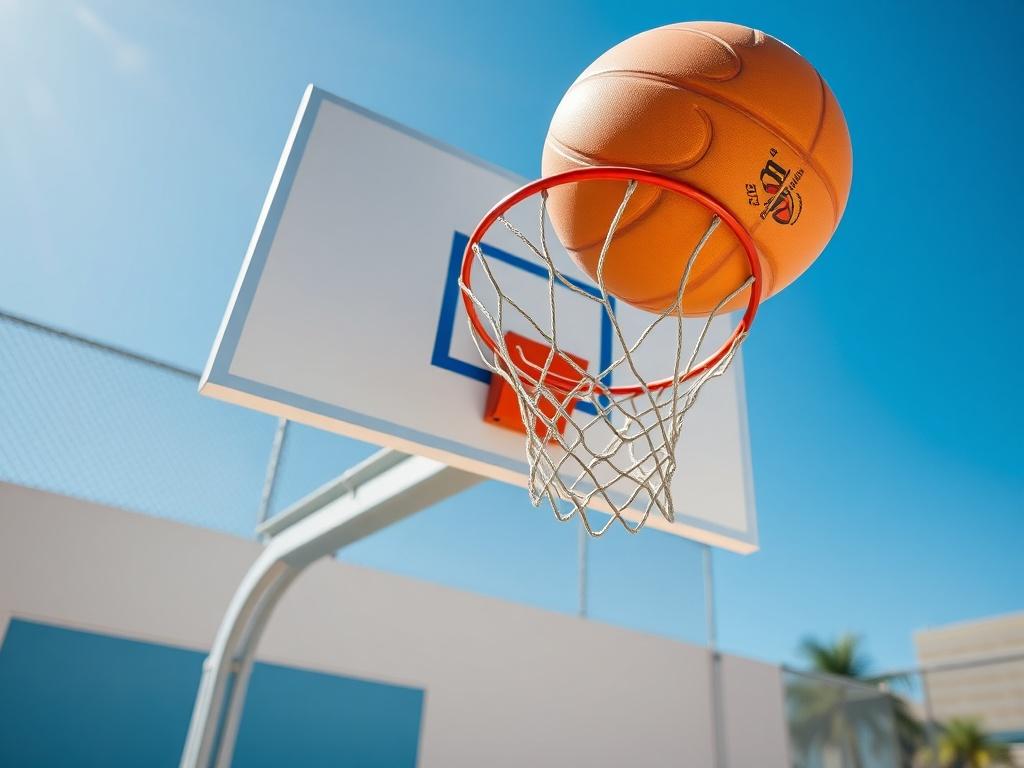 A hyper-realistic close-up shot of a basketball court installation featuring clear lines, a hoop, and vibrant colors. The court should be set in an outdoor environment with a bright blue sky, highlighting its quality and craftsmanship.