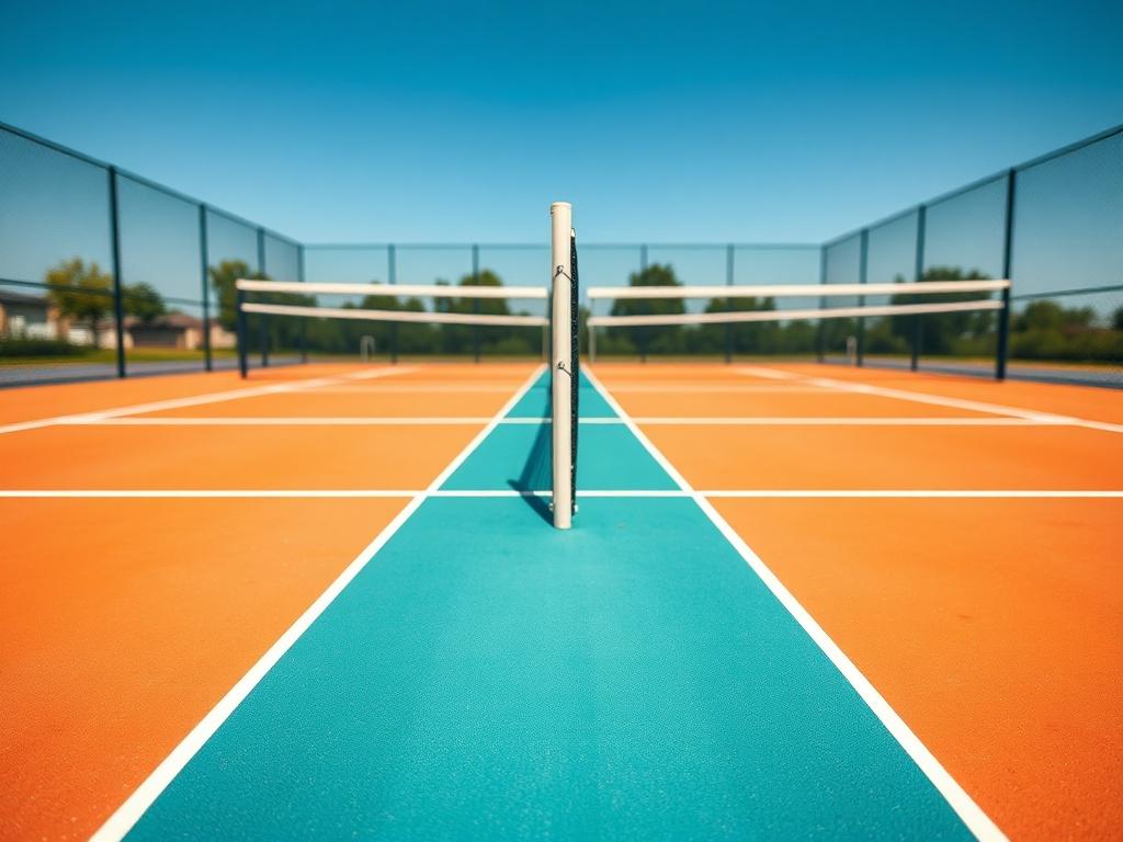 A hyper-realistic close-up shot of a newly constructed tennis court with vibrant colors and clear lines, showcasing the net and surrounding fencing. The image should include a sunny day with a blue sky, emphasizing the court's pristine condition.