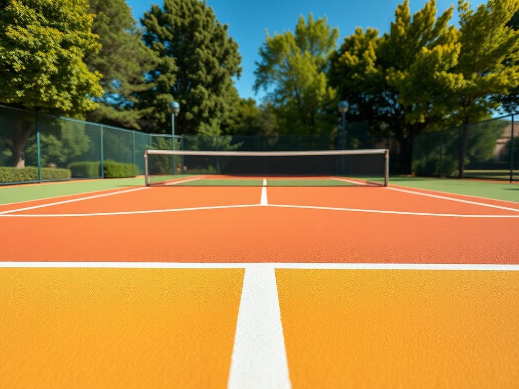A hyper-realistic close-up shot of a custom-designed pickleball court featuring bright, vibrant colors and a well-maintained surface, surrounded by lush greenery. The court should be the sole focus, showcasing its lines and markings clearly, with a clear blue sky in the background.