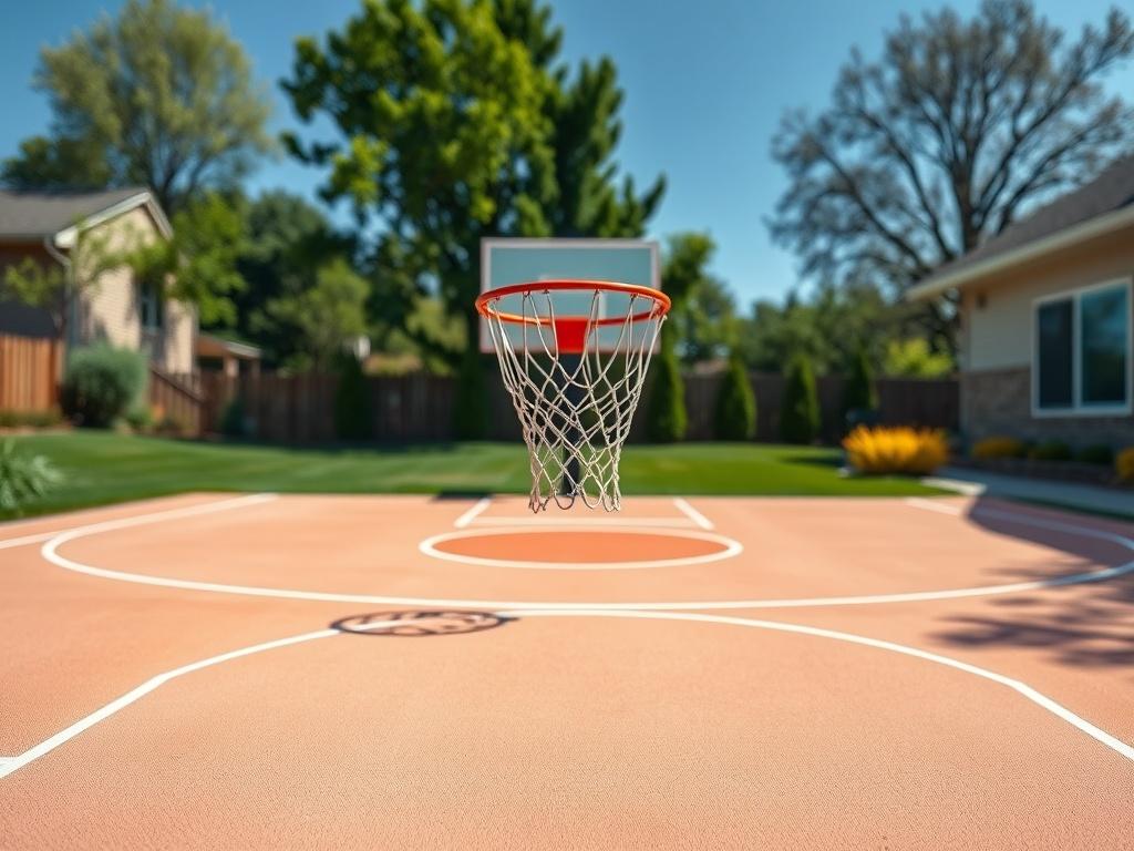 A hyper-realistic close-up shot of a newly installed basketball court in a residential yard, showcasing the vibrant court paint and markings. The image captures the hoop in the foreground with a clear view of the smooth court surface. The backdrop includes a well-kept lawn and trees, all under a bright blue sky, captured in high resolution with a 45mm f/1.2 lens.