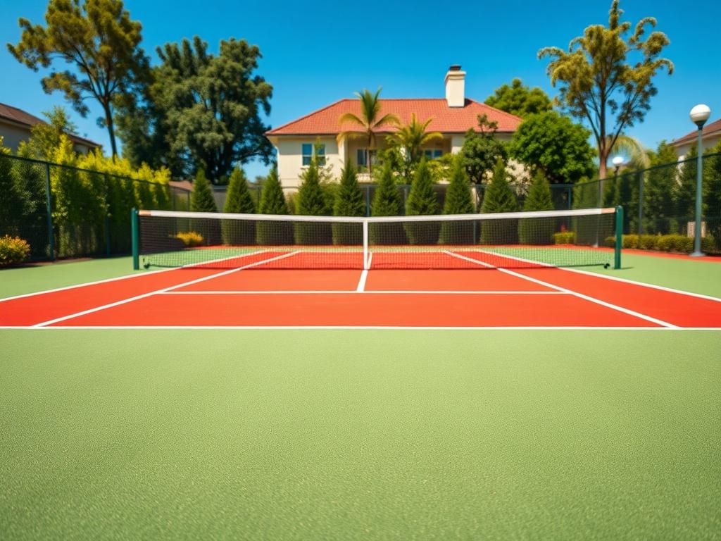 A hyper-realistic close-up shot of a newly constructed tennis court, highlighting the vibrant lines and nets in a residential setting. The court is surrounded by a well-maintained fence and lush greenery, with a clear blue sky overhead. The image captures the details of the court's surface, demonstrating its quality and craftsmanship, shot in high resolution with a 45mm f/1.2 lens.