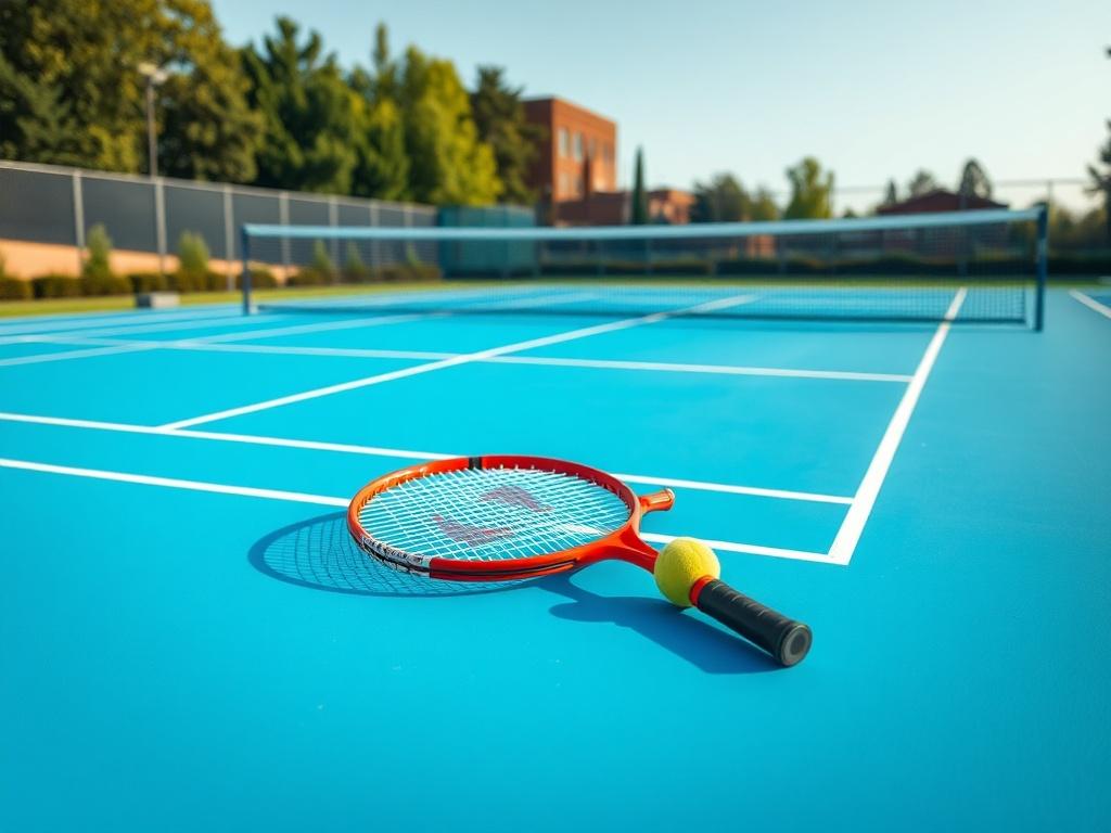 A newly constructed tennis court, showcasing a pristine blue surface with bright white lines, surrounded by a well-maintained landscape. The court is empty, emphasizing its quality and inviting nature. A single tennis racket and ball rest at the net, adding a touch of sportiness to the serene environment.