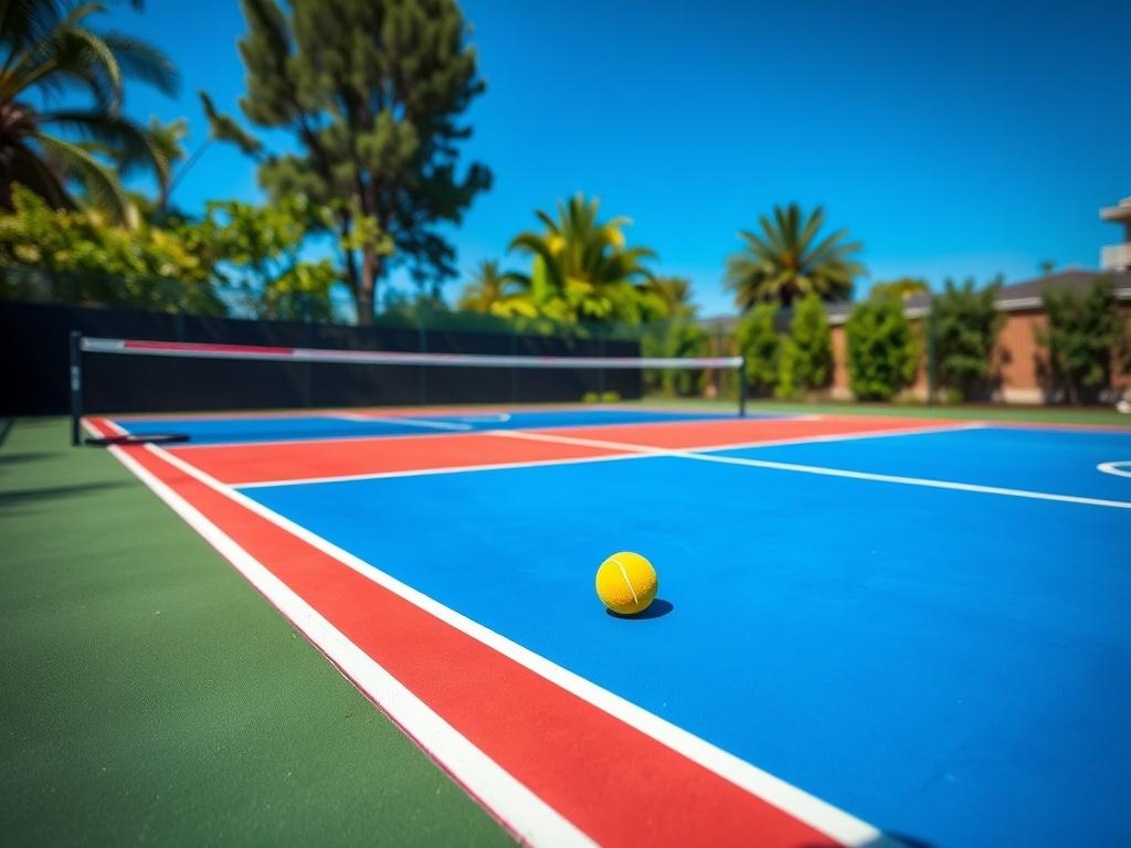 A beautifully designed backyard pickleball court, featuring vibrant colors and professional markings, surrounded by lush greenery and a clear blue sky. The scene captures the essence of leisure and sport, with a single pickleball paddle and ball placed strategically on the court. The composition focuses on the court, emphasizing its quality and craftsmanship.