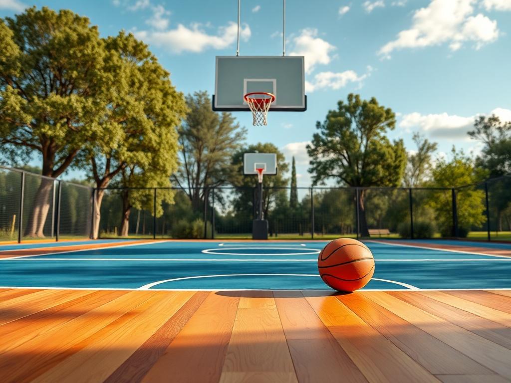A full-size basketball court, freshly painted with bright lines and a vibrant hardwood surface, surrounded by trees and open skies. The court features a single basketball hoop at one end, with a basketball resting nearby, inviting players to enjoy the game.
